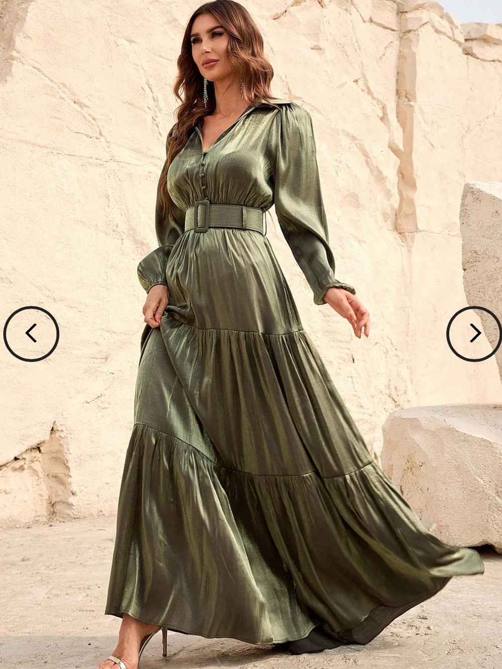 Faeriesty Army Green Metallic Chiffon Belted Maxi Dress Size S